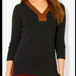 Lauren Ralph Lauren Tunic Top Black V-Neck Faux Suede Trim Size large
